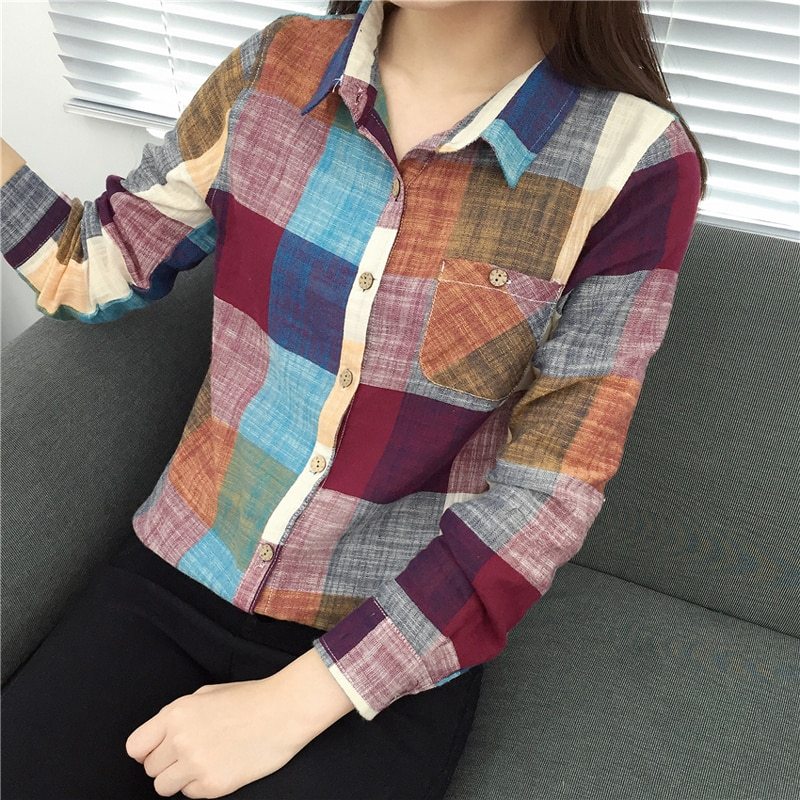 Denise – Vintage Geruite Blouse van Premium Vegan Katoen met Lange Mouwen