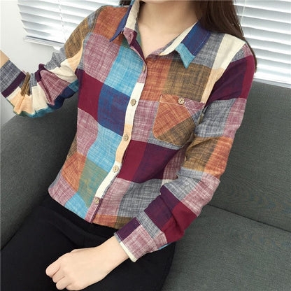 Denise – Vintage Geruite Blouse van Premium Vegan Katoen met Lange Mouwen
