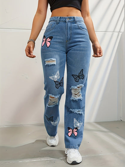 Wendy – Hooggetailleerde Jeans met Vlinderprint