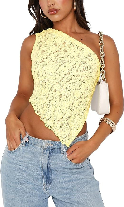 Kathleen – Asymmetrische Mouwloze Top met Kant Rug in Effen Kleuren