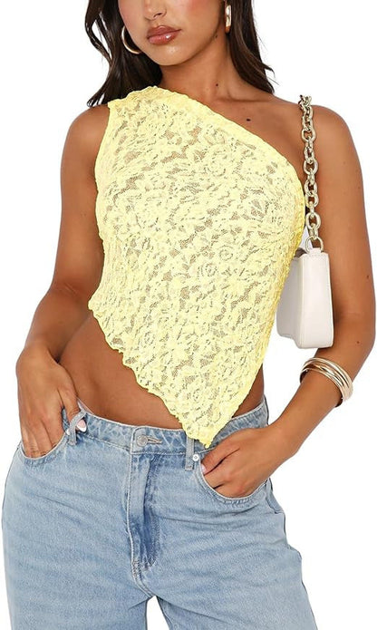 Kathleen – Asymmetrische Mouwloze Top met Kant Rug in Effen Kleuren