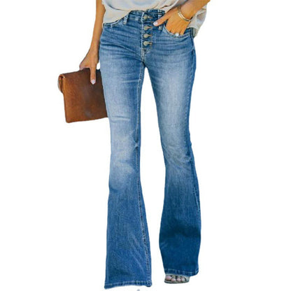Margaret – Slanke Damesjeans met Meerdere Knopen en Uitlopende Snit