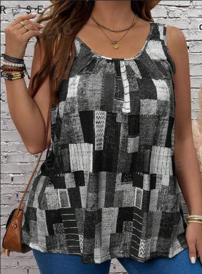 Danielle – Plus Size Dames Zomertanktop met Geometrische Print en Plooien