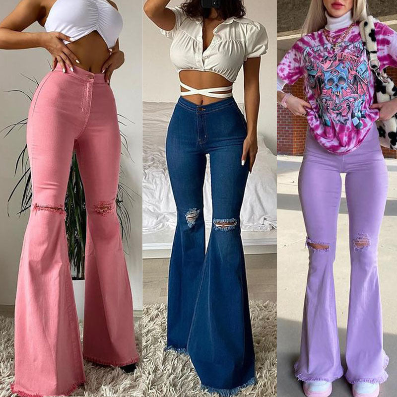 Melanie – Flare Damesjeans met Franjes en Scheuren