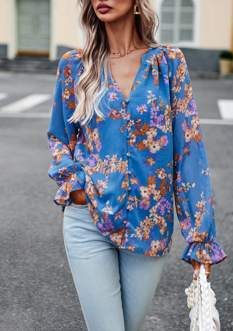 Fiona – Elegante Damesblouse met Bloemenprint en V-Hals