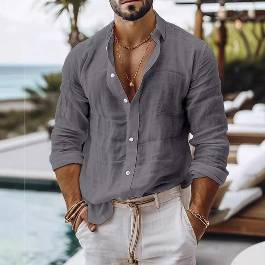 Laurence – Herenhemd van Katoen-Linnen met Effen Uiterlijk en Lange Mouwen