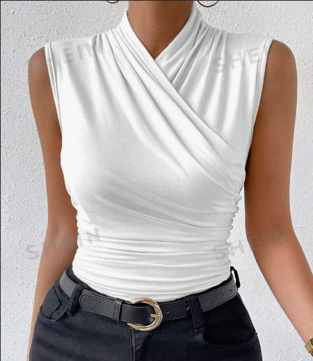 Rachel – Zomers, effen, gekruist, geplooid mouwloos Tanktop