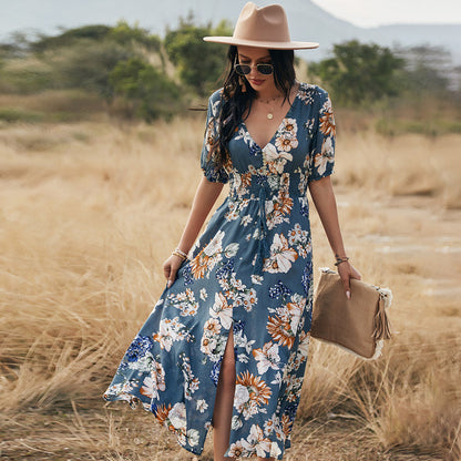 Carly – Bloemige Zomerjurk met V-Hals en Elastische Taille