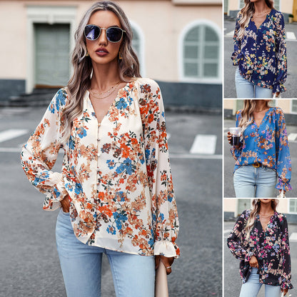 Fiona – Elegante Damesblouse met Bloemenprint en V-Hals