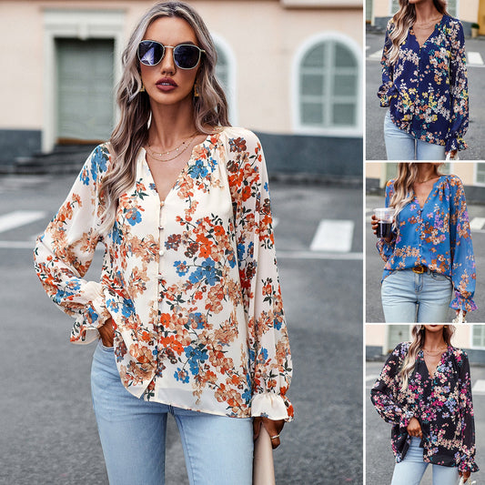 Fiona – Elegante Damesblouse met Bloemenprint en V-Hals
