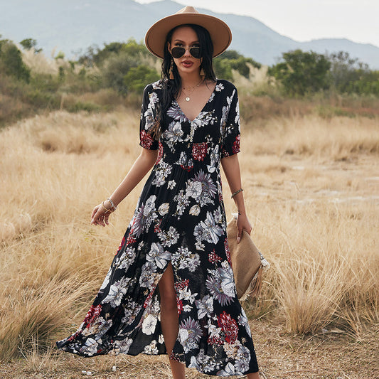 Carly – Bloemige Zomerjurk met V-Hals en Elastische Taille