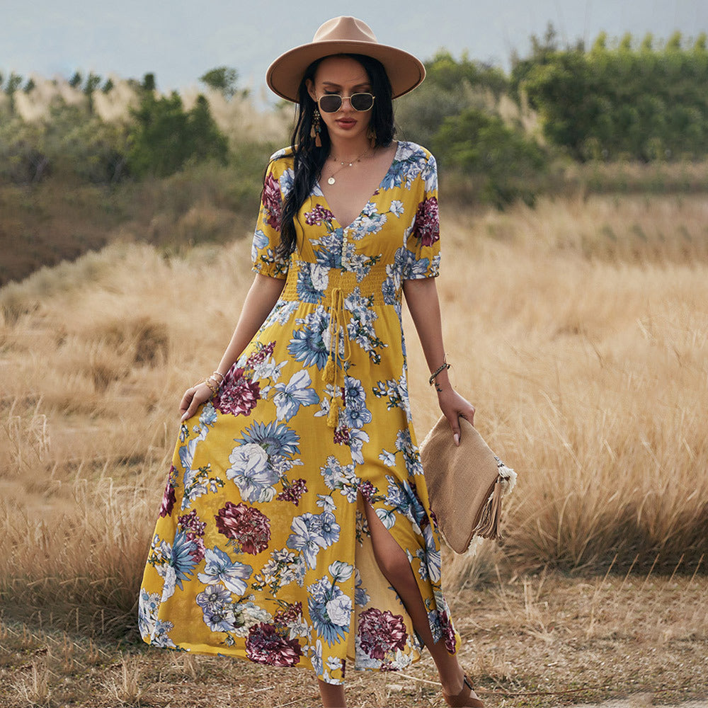 Carly – Bloemige Zomerjurk met V-Hals en Elastische Taille