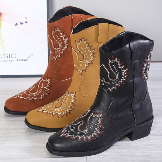 Emily – Bestikte Westernlaarzen met Stevige Hak