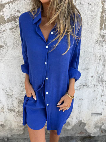 Amelia – Luchtige Damesoutfit met Lange Mouwen Shirt en Elastische Shorts