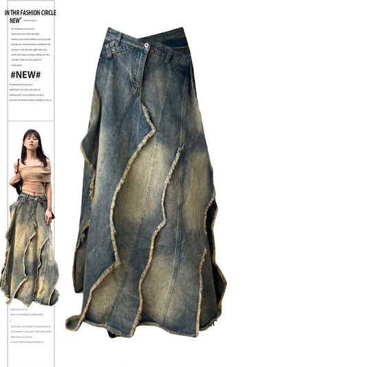 Danielle – Retro Lange Y2g Jeansrokken met Onregelmatige Structuur