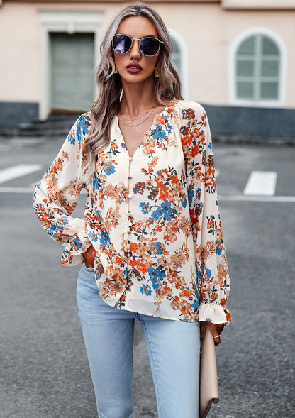 Fiona – Elegante Damesblouse met Bloemenprint en V-Hals