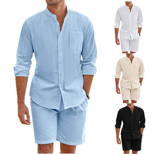 Callum – Zomer Twee-delige Polyester Overhemd met Lange Mouwen en Shorts