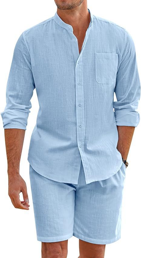 Callum – Zomer Twee-delige Polyester Overhemd met Lange Mouwen en Shorts