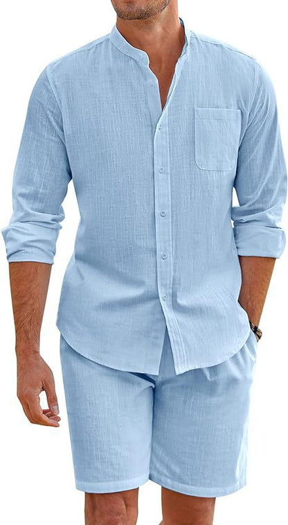 Callum – Zomer Twee-delige Polyester Overhemd met Lange Mouwen en Shorts