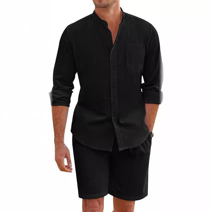 Callum – Zomer Twee-delige Polyester Overhemd met Lange Mouwen en Shorts