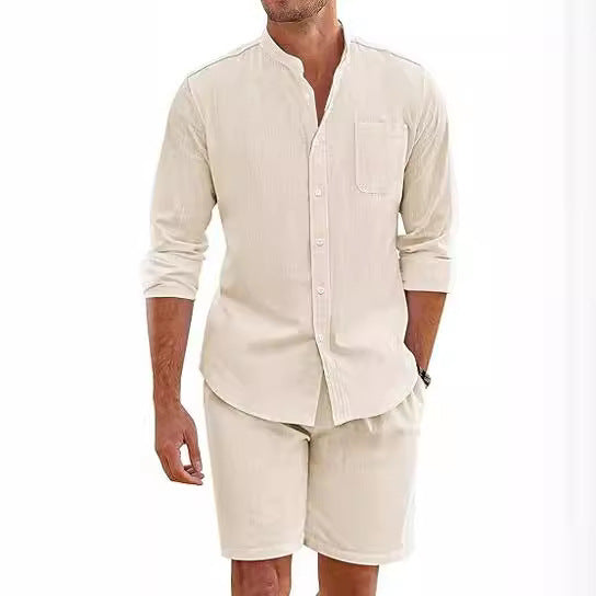 Callum – Zomer Twee-delige Polyester Overhemd met Lange Mouwen en Shorts
