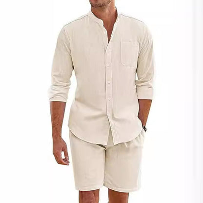 Callum – Zomer Twee-delige Polyester Overhemd met Lange Mouwen en Shorts