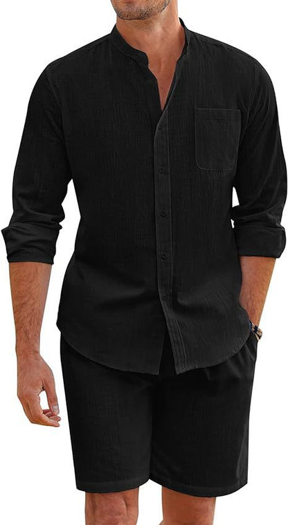 Callum – Zomer Twee-delige Polyester Overhemd met Lange Mouwen en Shorts