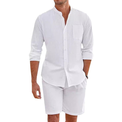 Callum – Zomer Twee-delige Polyester Overhemd met Lange Mouwen en Shorts