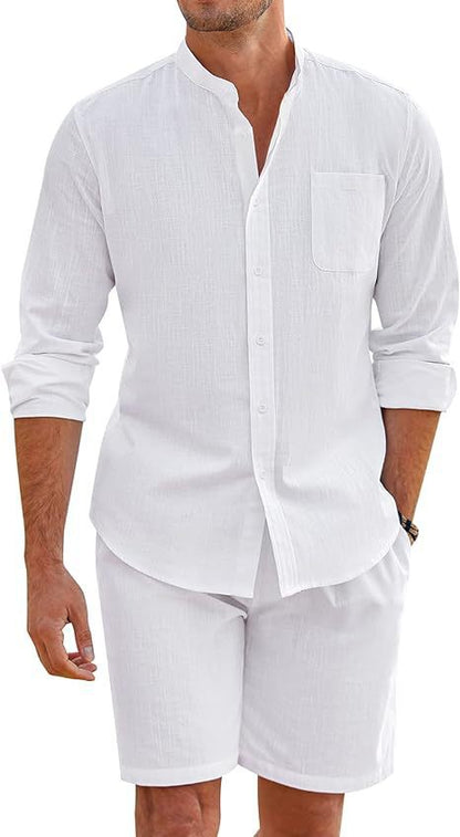 Callum – Zomer Twee-delige Polyester Overhemd met Lange Mouwen en Shorts