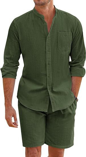 Callum – Zomer Twee-delige Polyester Overhemd met Lange Mouwen en Shorts