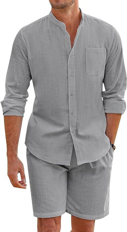 Callum – Zomer Twee-delige Polyester Overhemd met Lange Mouwen en Shorts