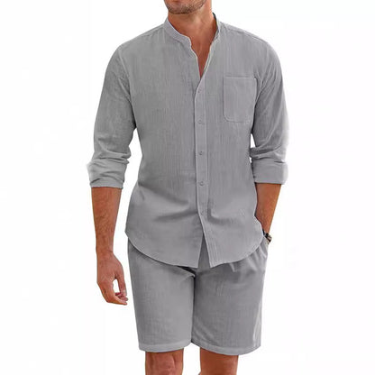 Callum – Zomer Twee-delige Polyester Overhemd met Lange Mouwen en Shorts