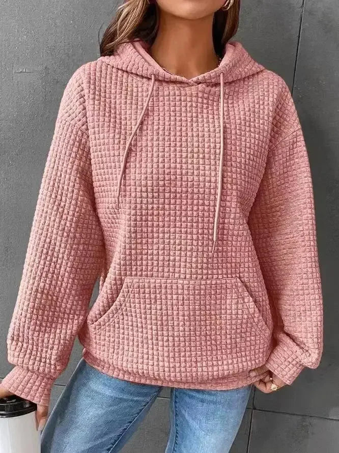 Christine – Roze Textuur Hoodie voor Dames – Casual Wafel Gebreide Trui met Kangoeroezak