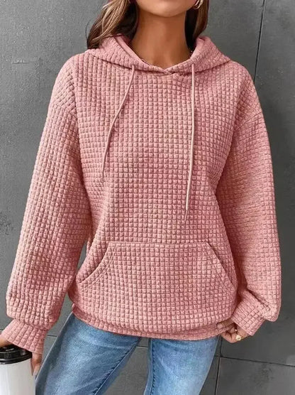 Christine – Roze Textuur Hoodie voor Dames – Casual Wafel Gebreide Trui met Kangoeroezak