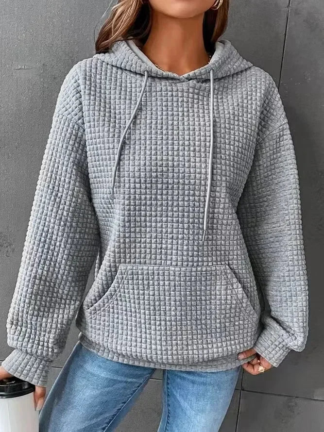 Christine – Roze Textuur Hoodie voor Dames – Casual Wafel Gebreide Trui met Kangoeroezak