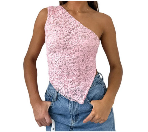 Kathleen – Asymmetrische Mouwloze Top met Kant Rug in Effen Kleuren