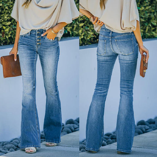 Margaret – Slanke Damesjeans met Meerdere Knopen en Uitlopende Snit