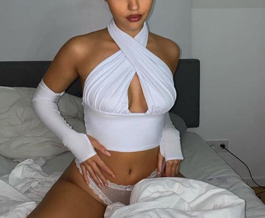 Pamela – Mouwloos Rugloos Kort Topje met Kruis-Design