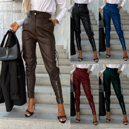 Natasha – Slim Fit Damesbroek van veganistisch leer met zakken