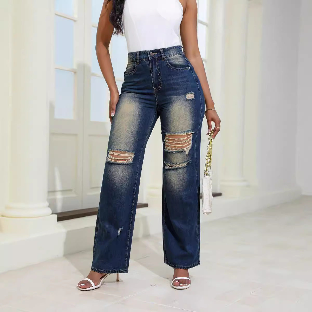 Amelia – Comfortabele High Waist Jeans met Zakken en Scheuren