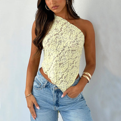 Kathleen – Asymmetrische Mouwloze Top met Kant Rug in Effen Kleuren