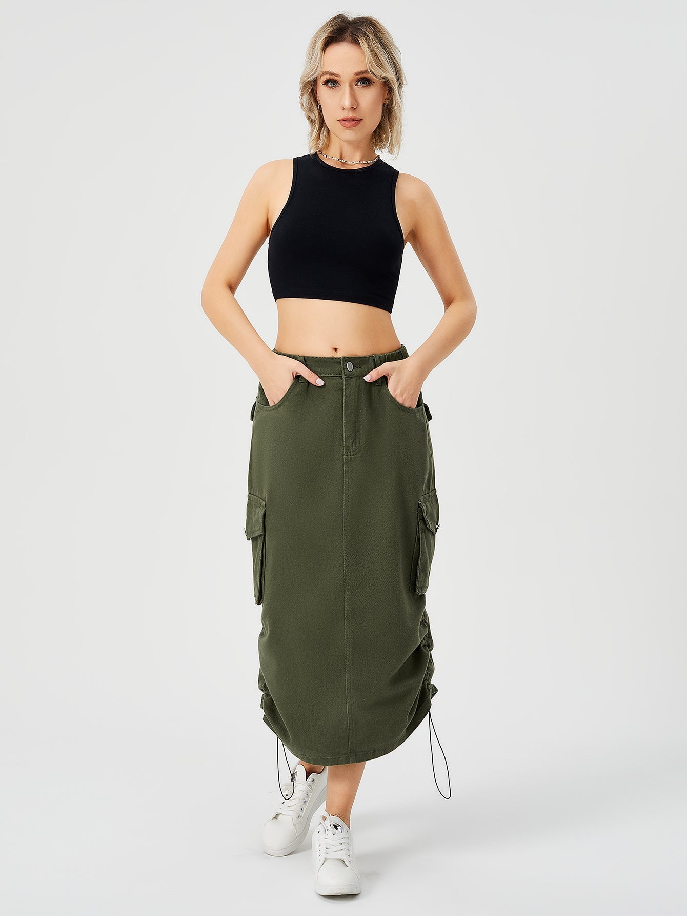 Amelia – Langer Cargo-Rock für Damen mit hohem Bund und Frontschlitz