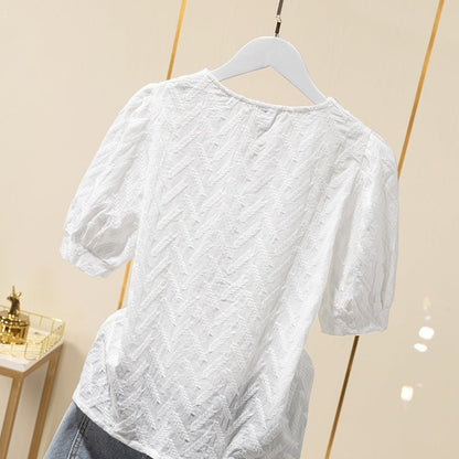 Rachael – Katoenen Blouse met Pofmouwen en Borduurwerk
