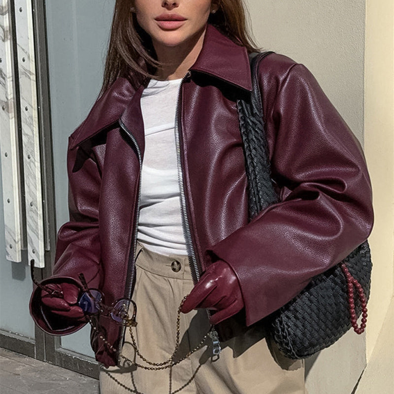 Natasha – Casual Lange Mouwen Jack met Revers en Rits van Vegan Leder