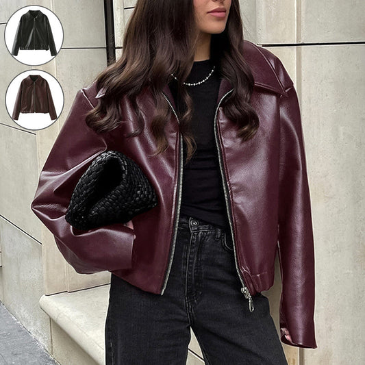 Natasha – Casual Lange Mouwen Jack met Revers en Rits van Vegan Leder