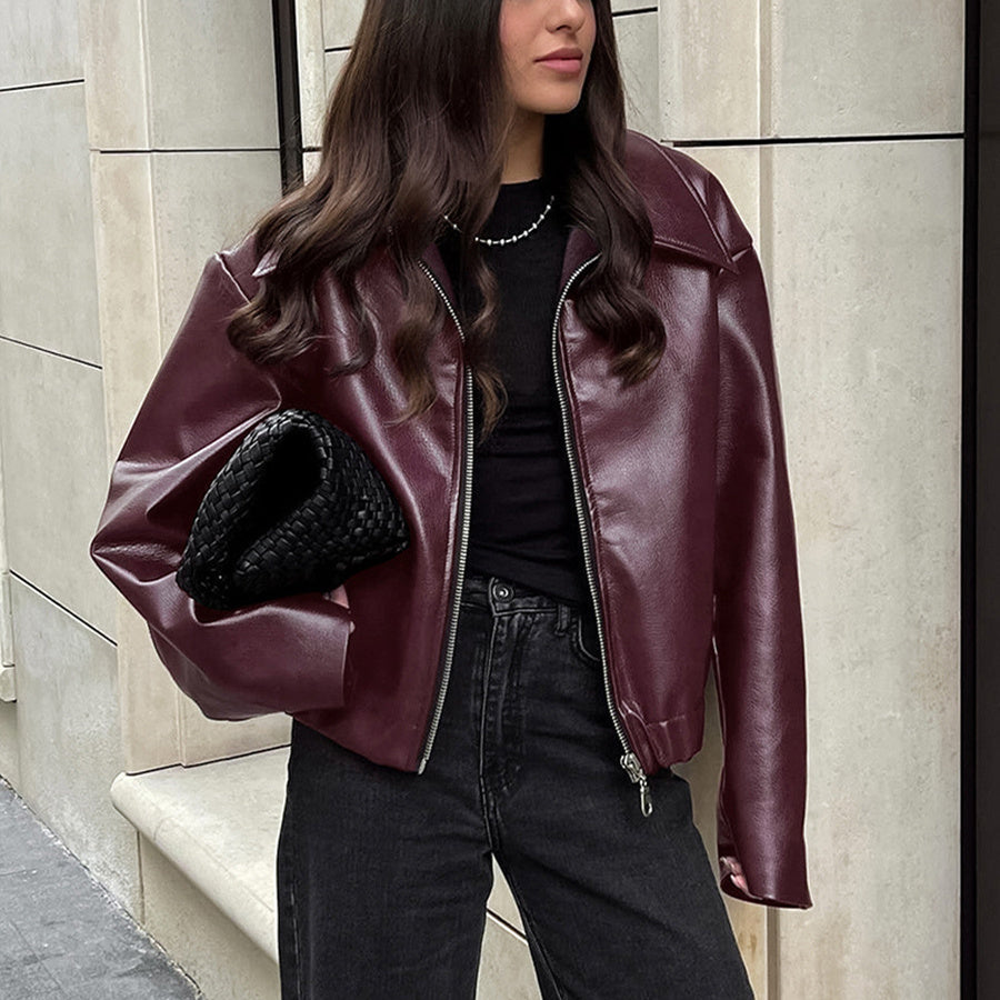 Natasha – Casual Lange Mouwen Jack met Revers en Rits van Vegan Leder