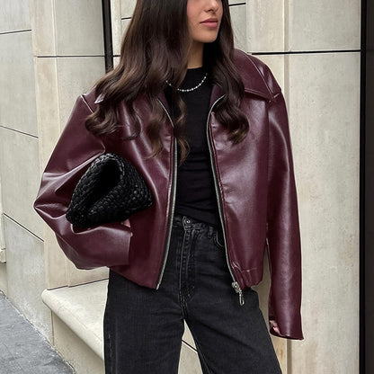 Natasha – Casual Lange Mouwen Jack met Revers en Rits van Vegan Leder