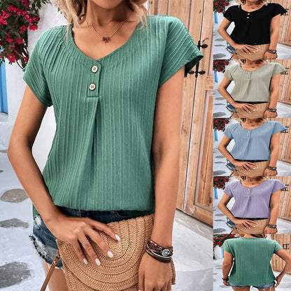 Lily – Gestreept Rondhals T-shirt met Knoopjes en Korte Mouwen