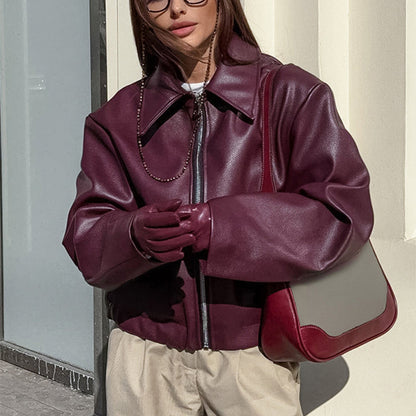 Natasha – Casual Lange Mouwen Jack met Revers en Rits van Vegan Leder