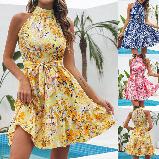 Julie – Zomerse Bloemenprint Halterneck Jurk met Ruches